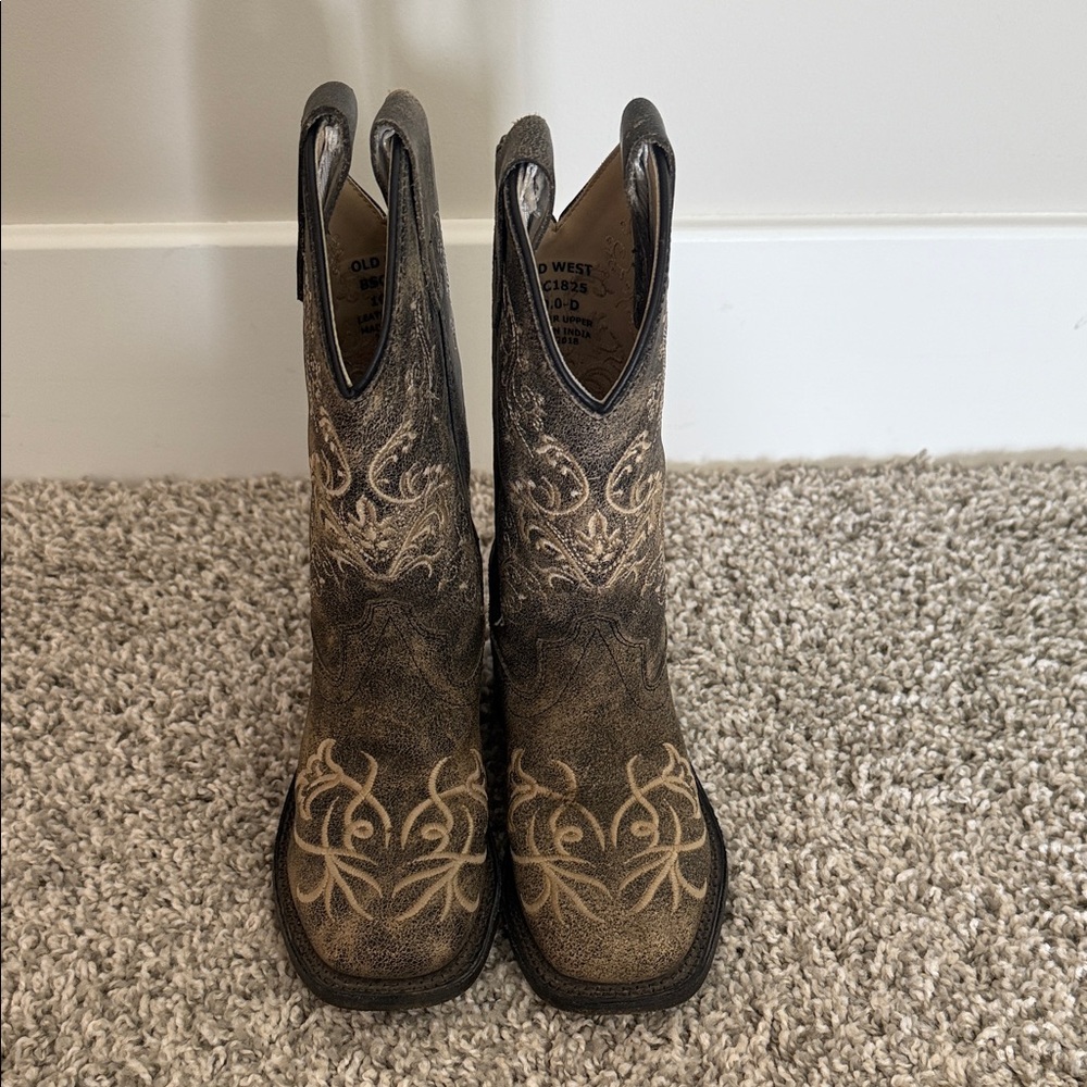 Old West Children Unisex Broad Square Toe Burnt Tan Leather Cowboy Boots